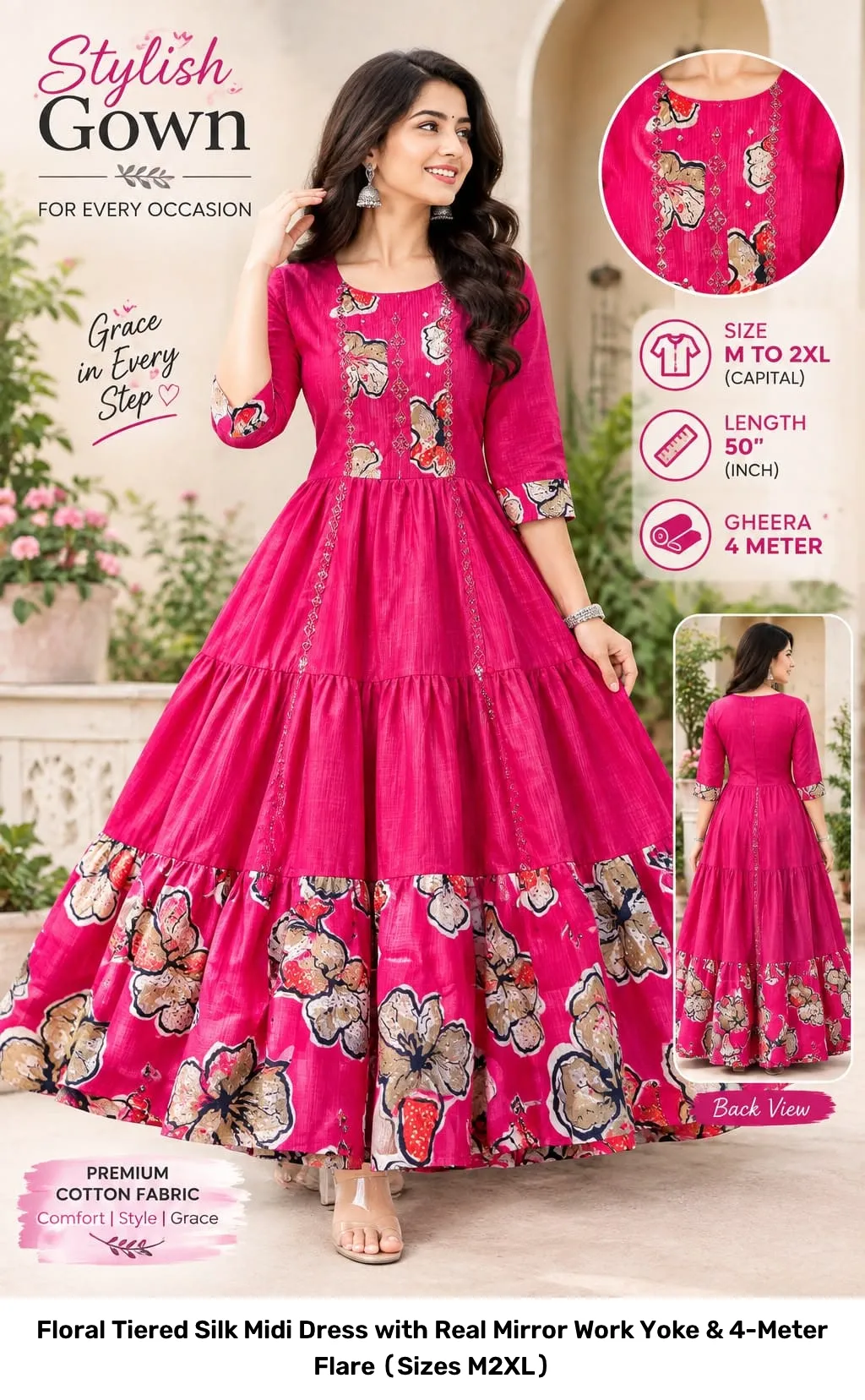 Floral Tiered Silk Midi Dress with Real Mirror Work Yoke & 4-Meter Flare (Sizes M–2XL) 4
