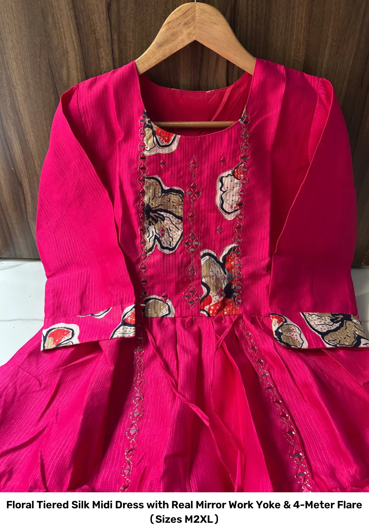 Floral Tiered Silk Midi Dress with Real Mirror Work Yoke & 4-Meter Flare (Sizes M–2XL) 5