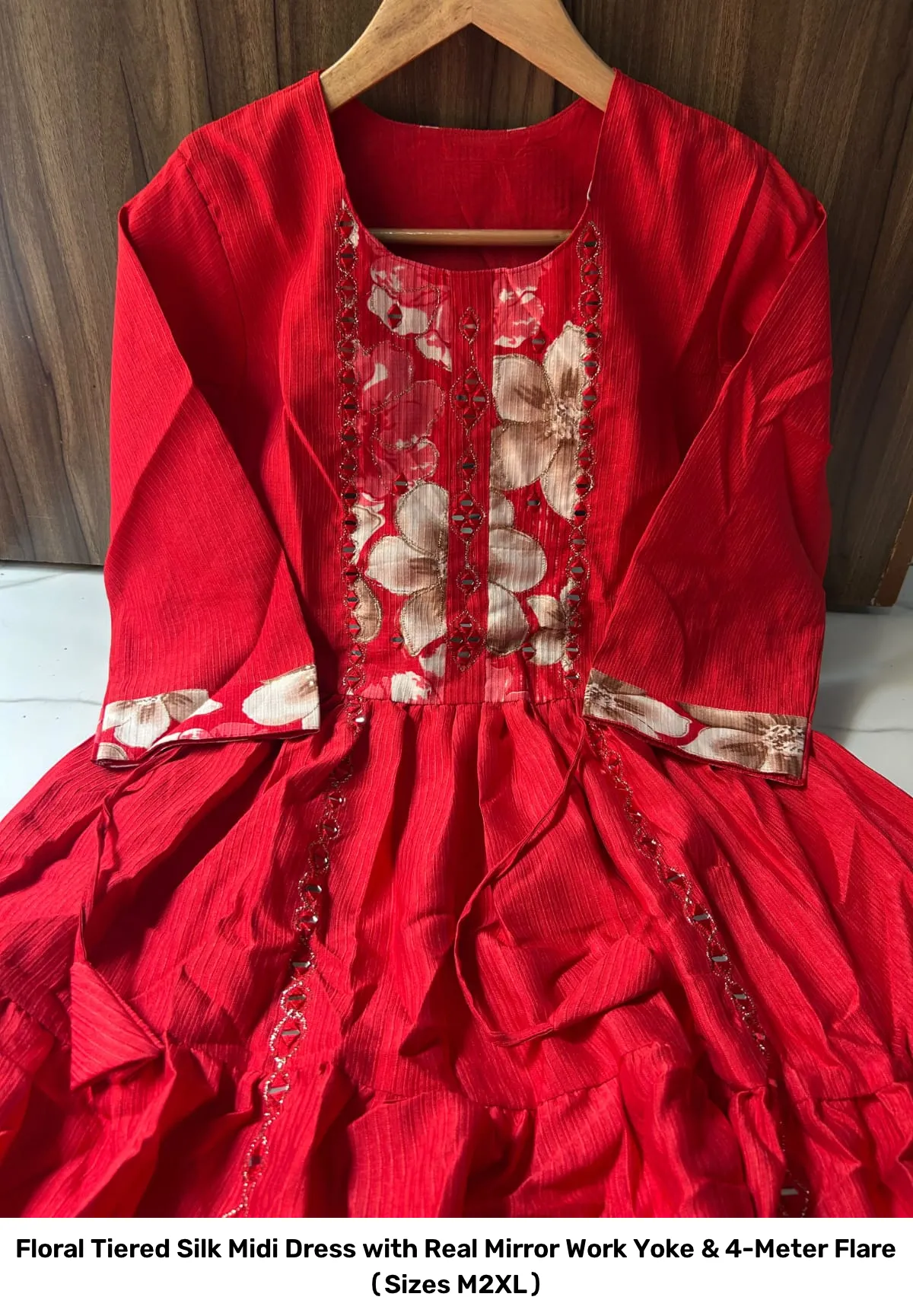 Floral Tiered Silk Midi Dress with Real Mirror Work Yoke & 4-Meter Flare (Sizes M–2XL) 6