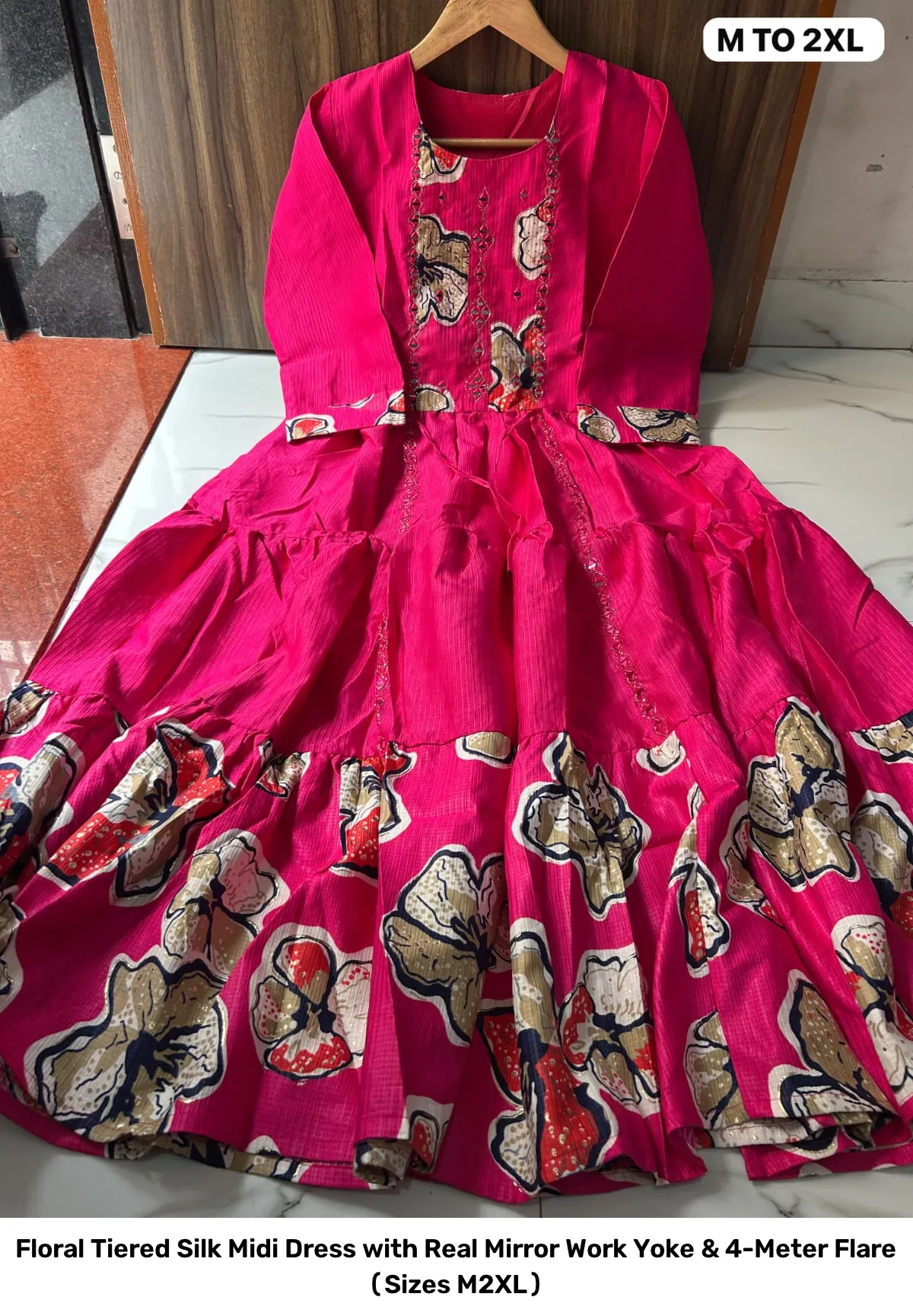 Floral Tiered Silk Midi Dress with Real Mirror Work Yoke & 4-Meter Flare (Sizes M–2XL) 7