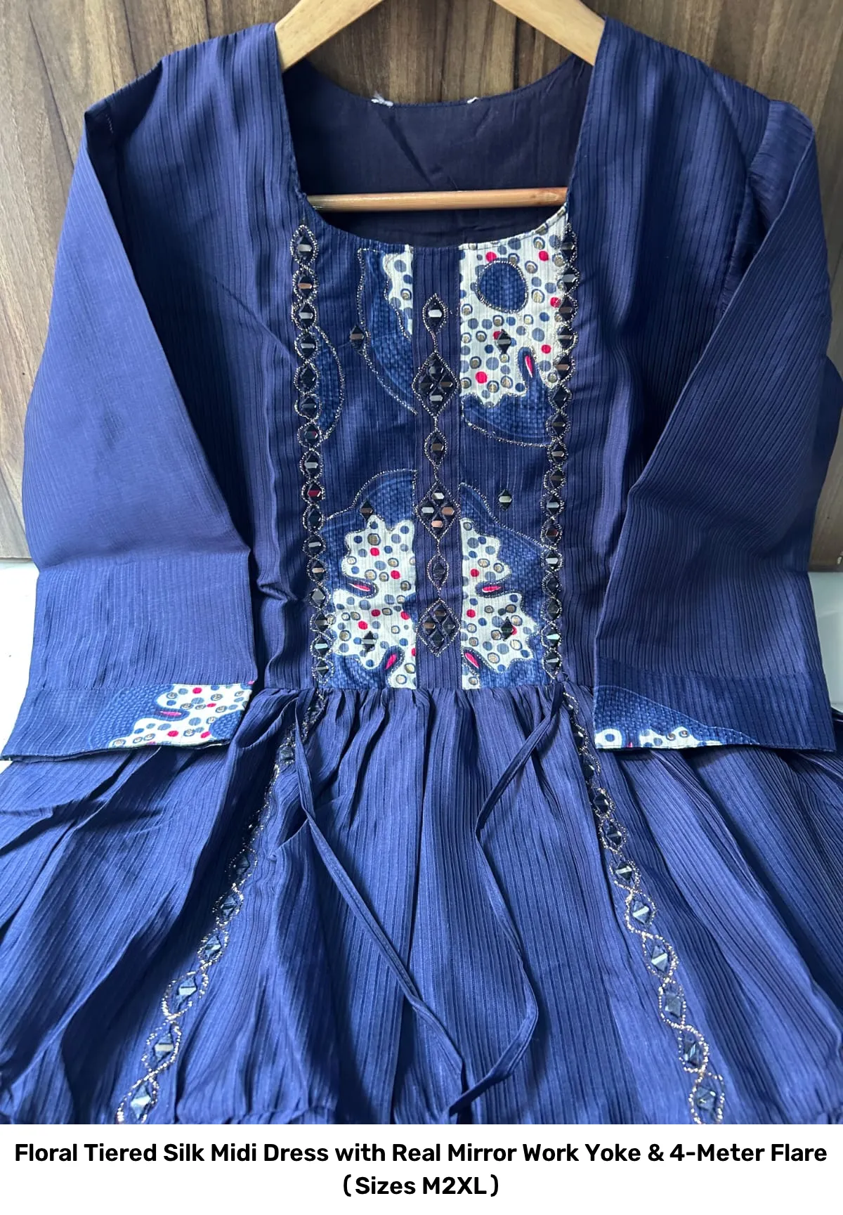 Floral Tiered Silk Midi Dress with Real Mirror Work Yoke & 4-Meter Flare (Sizes M–2XL) 8