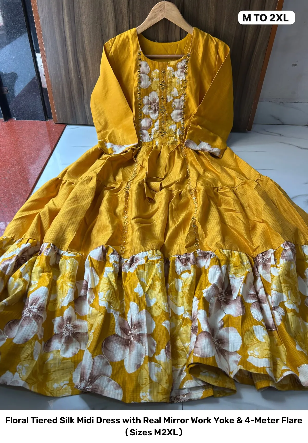 Floral Tiered Silk Midi Dress with Real Mirror Work Yoke & 4-Meter Flare (Sizes M–2XL) 9
