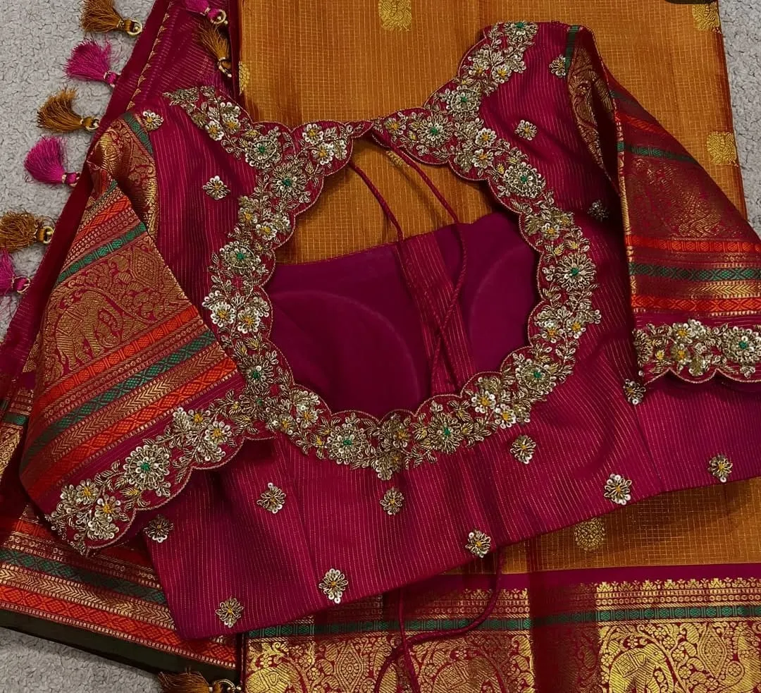 Fuchsia Pink Silk Saree Blouse | Scallop Neck & Sleeve Zari Border