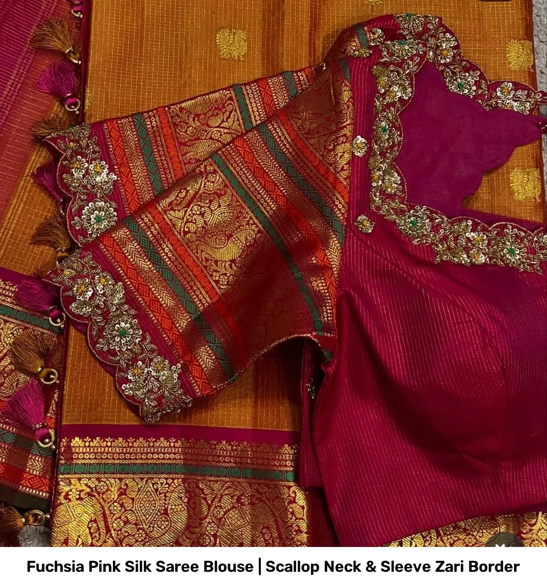 Fuchsia Pink Silk Saree Blouse | Scallop Neck & Sleeve Zari Border 2