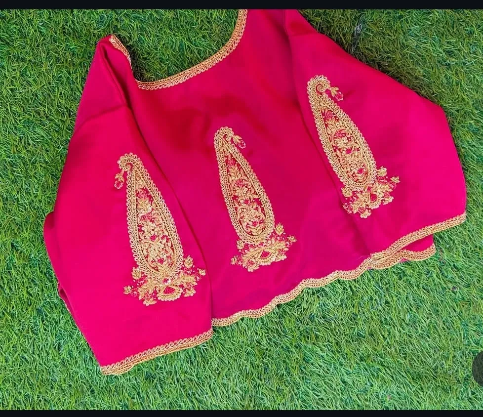Fuchsia Pink Silk Saree Blouse – Traditional Mango Motif Maggam Embroidery, Scallop Border Bridal Choli, Ready to Wear Wedding Top