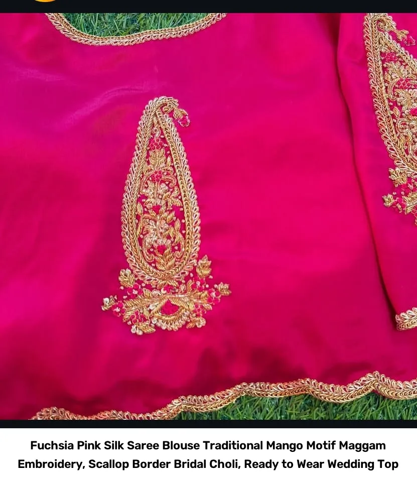 Fuchsia Pink Silk Saree Blouse – Traditional Mango Motif Maggam Embroidery, Scallop Border Bridal Choli, Ready to Wear Wedding Top 3