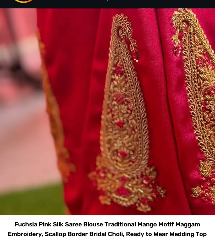Fuchsia Pink Silk Saree Blouse – Traditional Mango Motif Maggam Embroidery, Scallop Border Bridal Choli, Ready to Wear Wedding Top 4