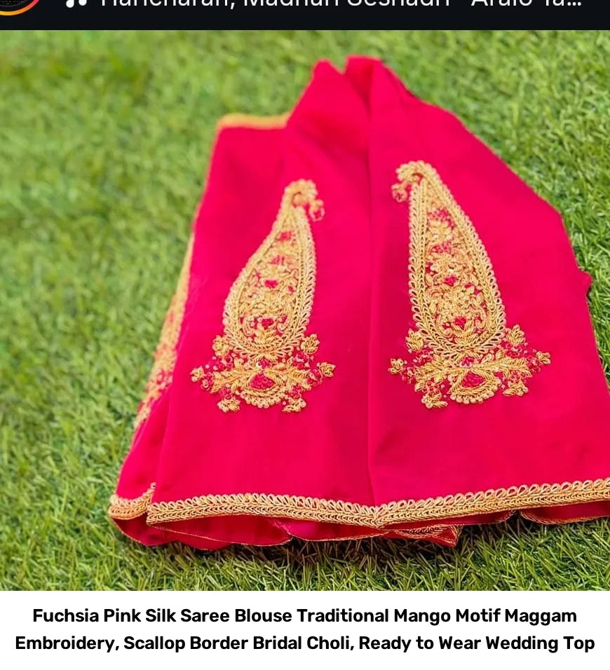 Fuchsia Pink Silk Saree Blouse – Traditional Mango Motif Maggam Embroidery, Scallop Border Bridal Choli, Ready to Wear Wedding Top 5
