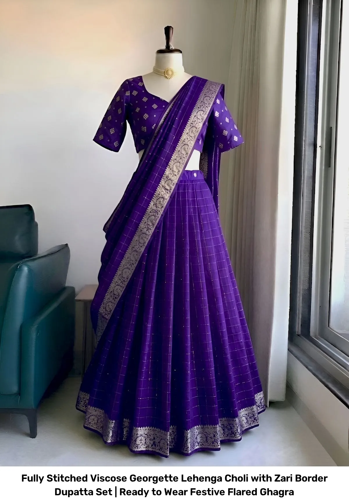 Fully Stitched Viscose Georgette Lehenga Choli with Zari Border Dupatta Set | Ready to Wear Festive Flared Ghagra 3