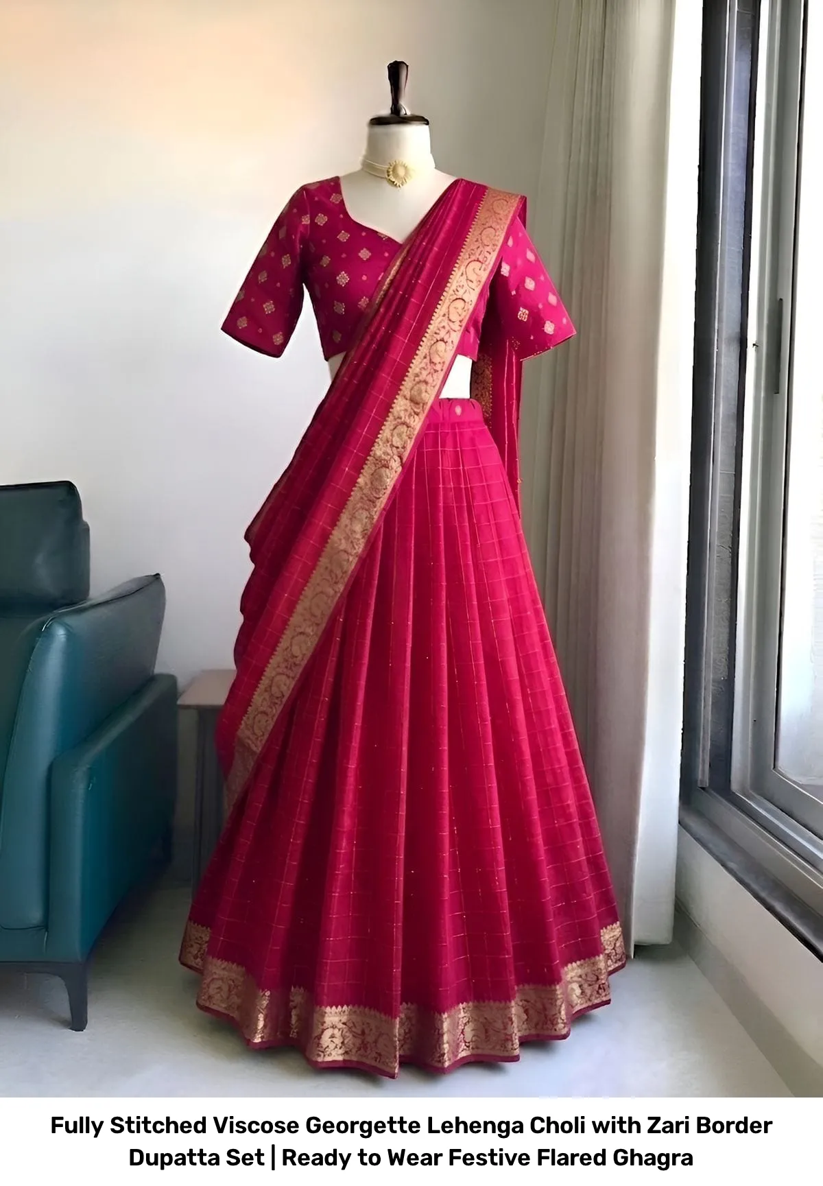 Fully Stitched Viscose Georgette Lehenga Choli with Zari Border Dupatta Set | Ready to Wear Festive Flared Ghagra 4