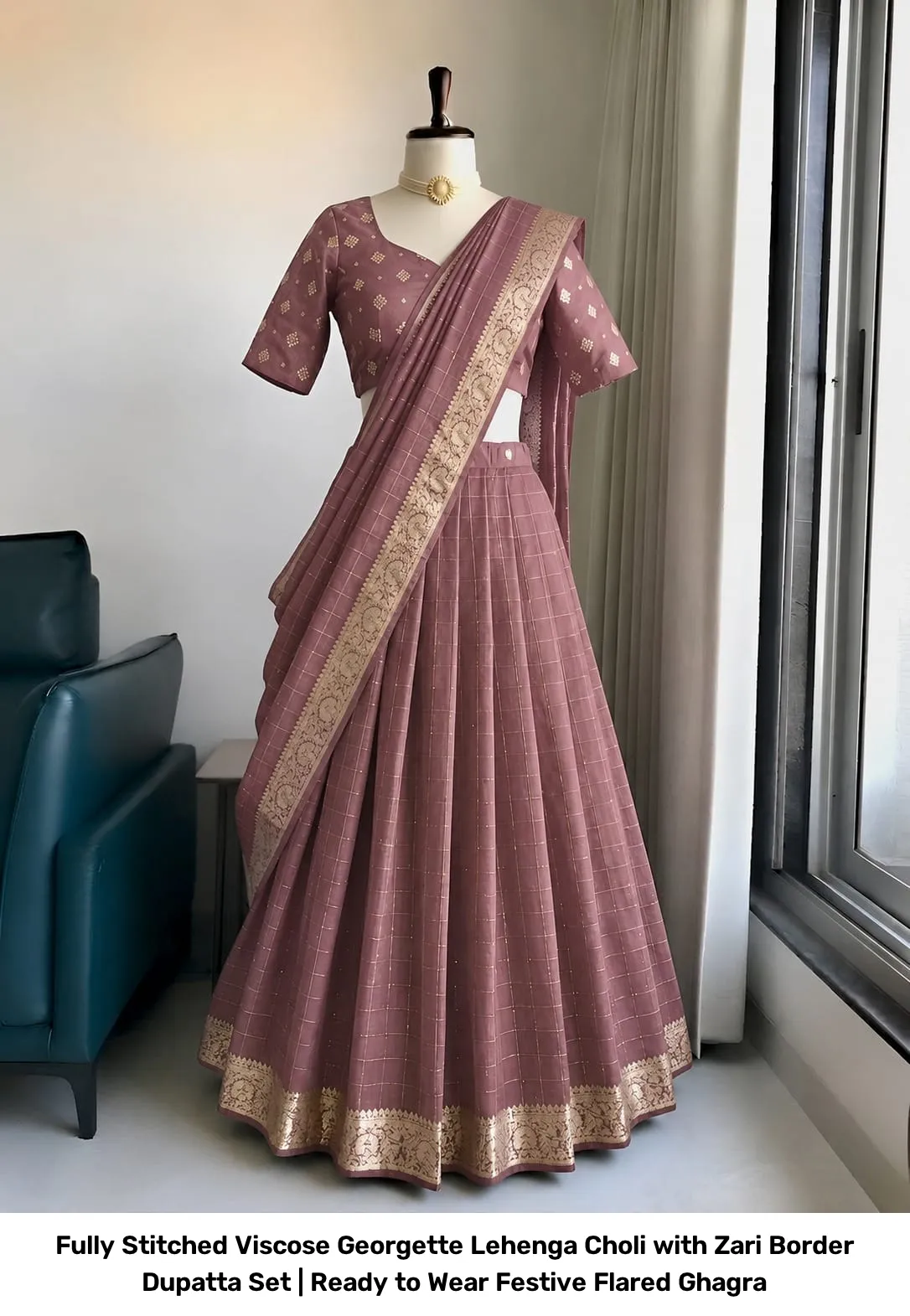 Fully Stitched Viscose Georgette Lehenga Choli with Zari Border Dupatta Set | Ready to Wear Festive Flared Ghagra 5