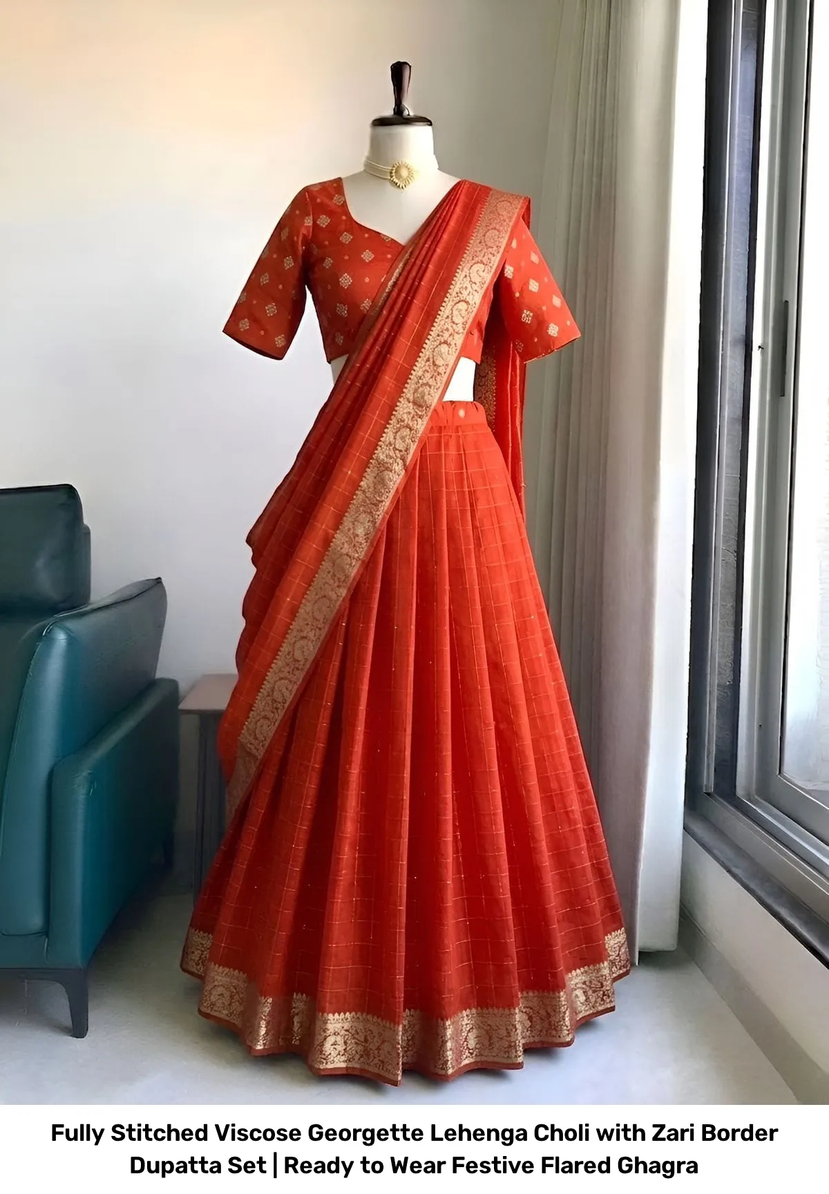 Fully Stitched Viscose Georgette Lehenga Choli with Zari Border Dupatta Set | Ready to Wear Festive Flared Ghagra 6