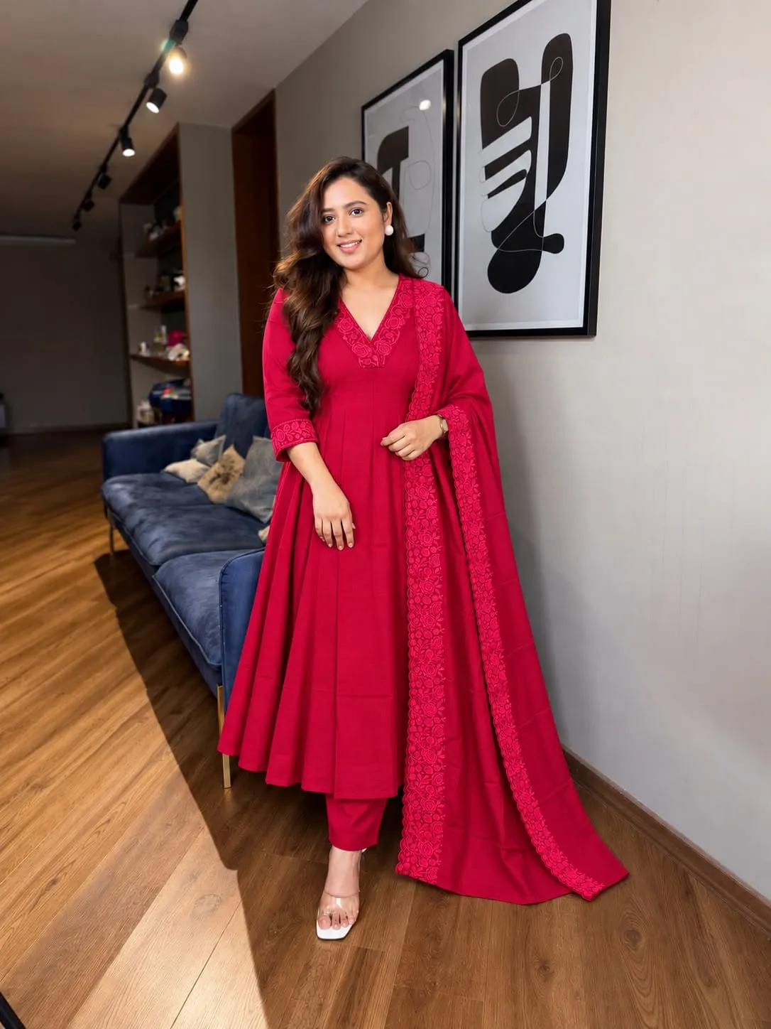 Garima Mul Chanderi Embroidered A-Line Suit Set with Dupatta | Festive V-Neck Kurta Pant Set for Women