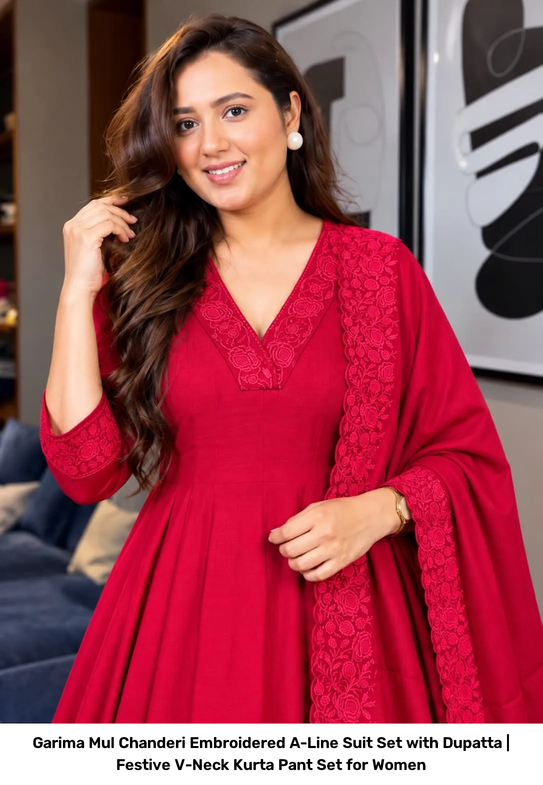 Garima Mul Chanderi Embroidered A-Line Suit Set with Dupatta | Festive V-Neck Kurta Pant Set for Women 3