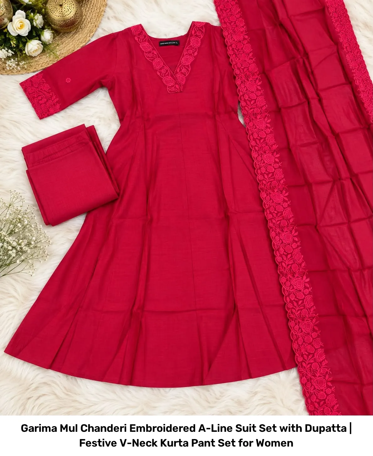 Garima Mul Chanderi Embroidered A-Line Suit Set with Dupatta | Festive V-Neck Kurta Pant Set for Women 4