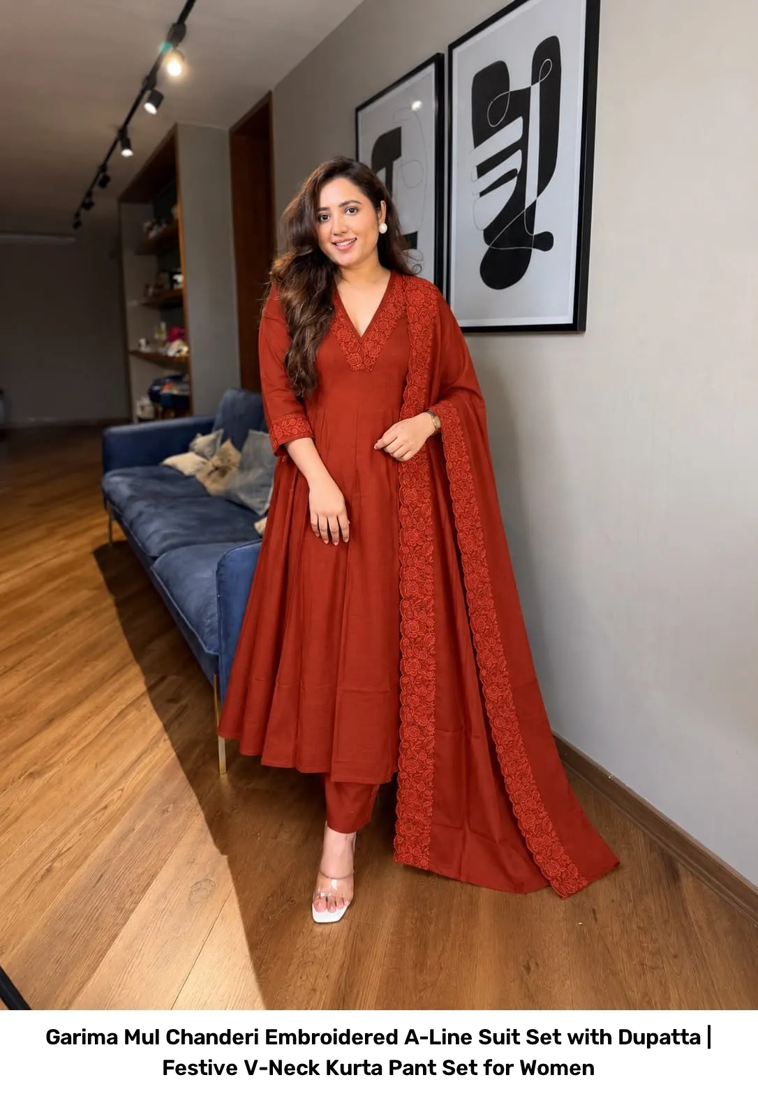 Garima Mul Chanderi Embroidered A-Line Suit Set with Dupatta | Festive V-Neck Kurta Pant Set for Women 5
