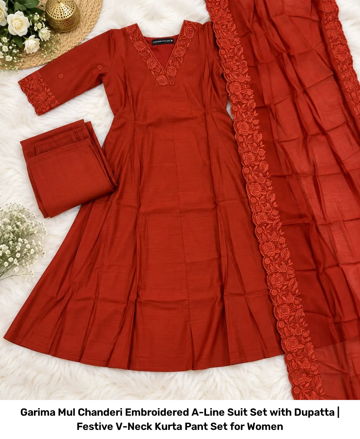 Garima Mul Chanderi Embroidered A-Line Suit Set with Dupatta | Festive V-Neck Kurta Pant Set for Women 6