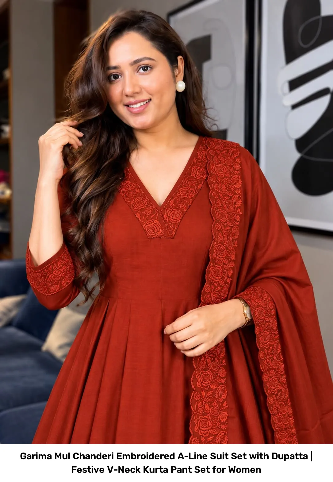 Garima Mul Chanderi Embroidered A-Line Suit Set with Dupatta | Festive V-Neck Kurta Pant Set for Women 7