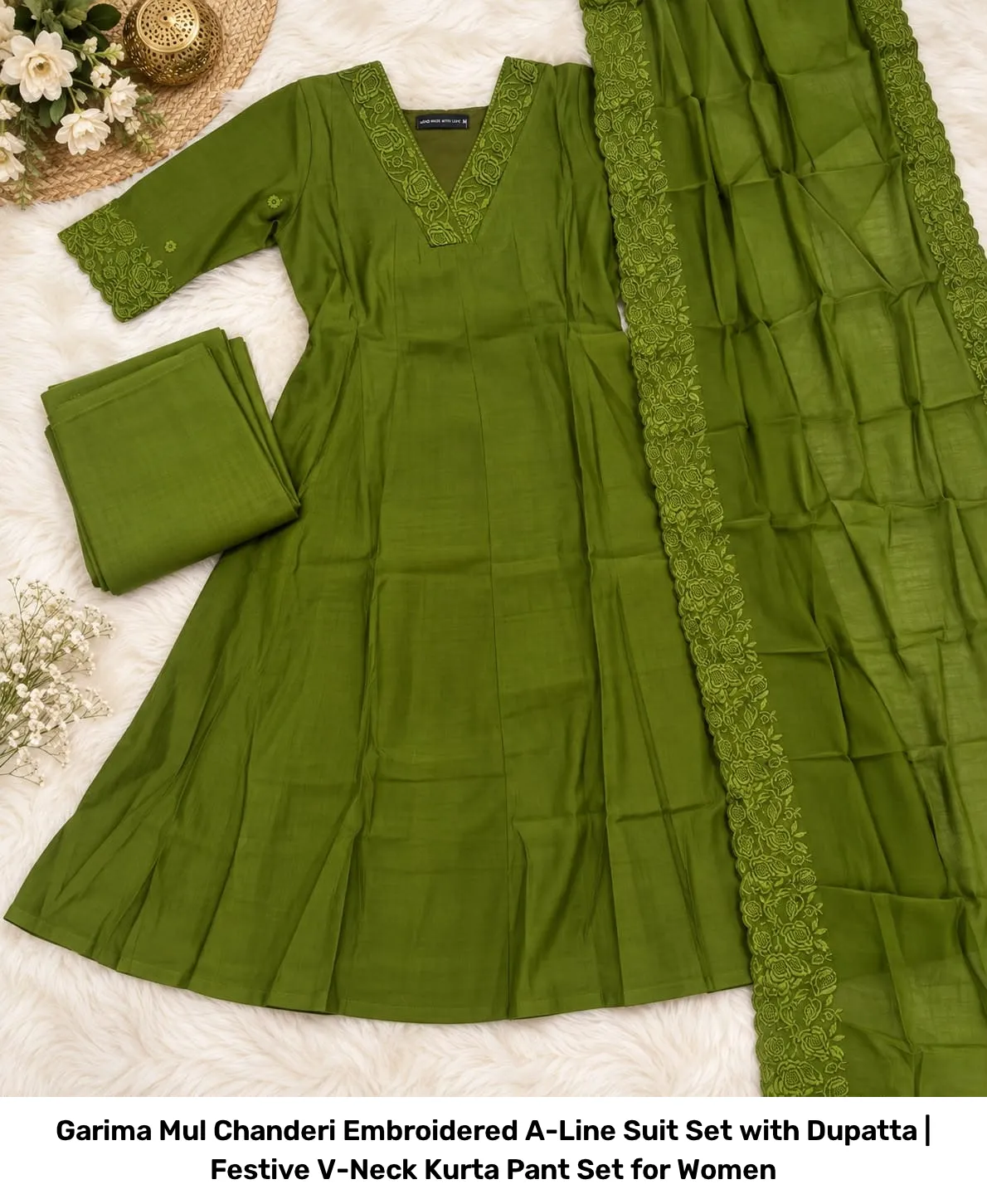 Garima Mul Chanderi Embroidered A-Line Suit Set with Dupatta | Festive V-Neck Kurta Pant Set for Women 8