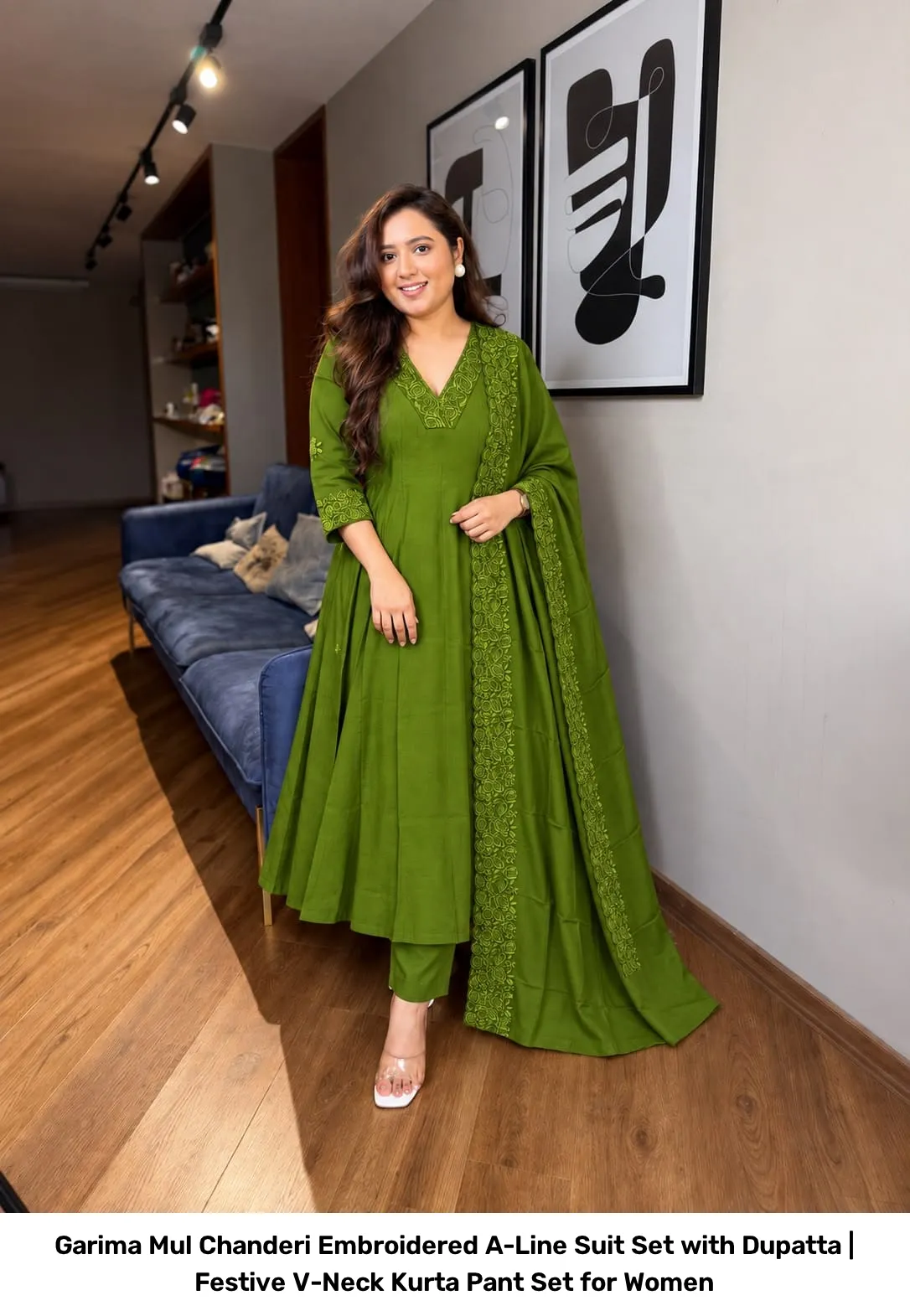 Garima Mul Chanderi Embroidered A-Line Suit Set with Dupatta | Festive V-Neck Kurta Pant Set for Women 9