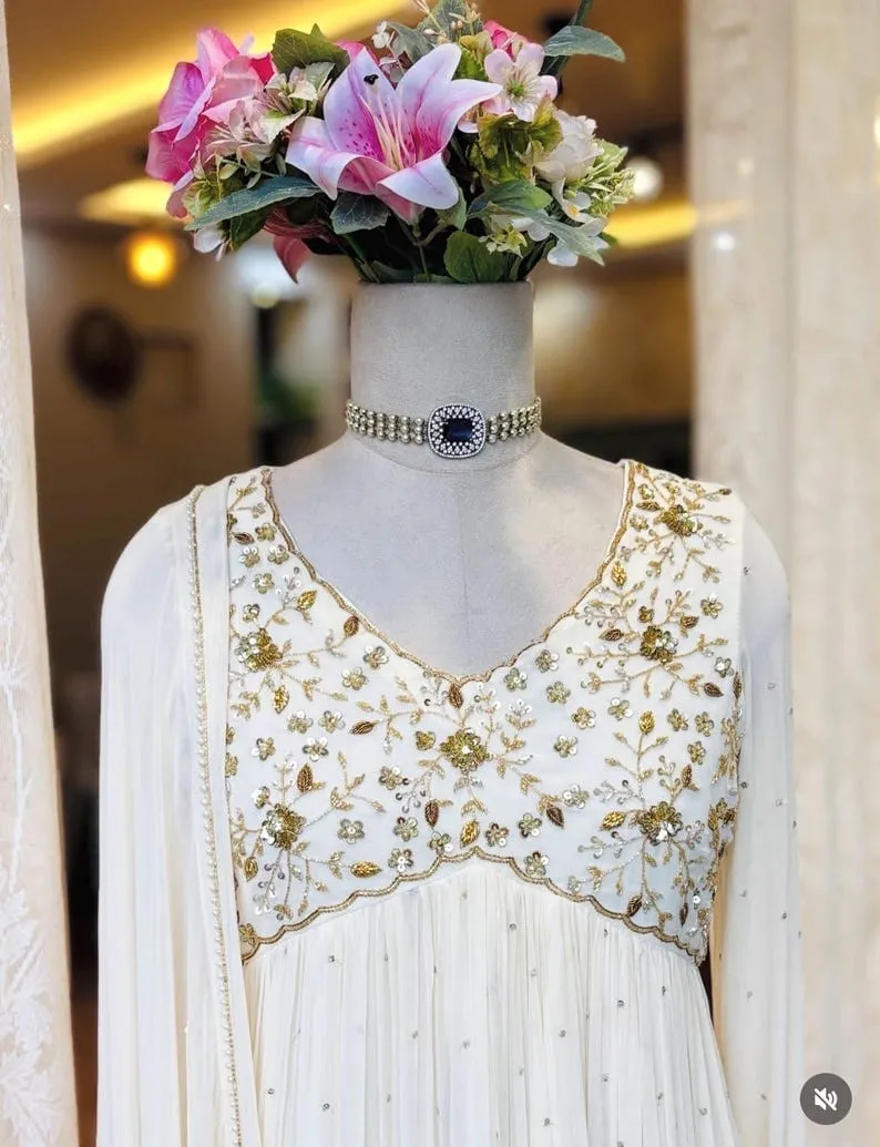 Georgette Pleated Anarkali Suit with Heavy Embroidered Yoke | Festive Designer Gown with Dupatta