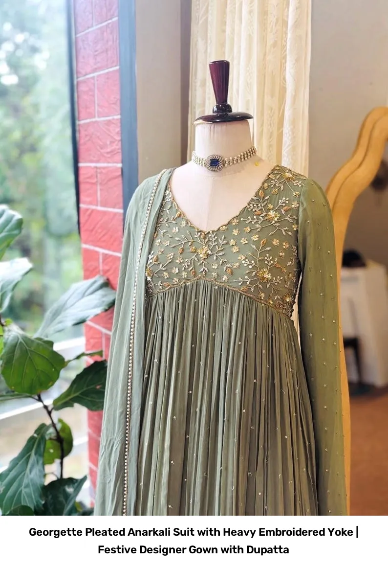 Georgette Pleated Anarkali Suit with Heavy Embroidered Yoke | Festive Designer Gown with Dupatta 4