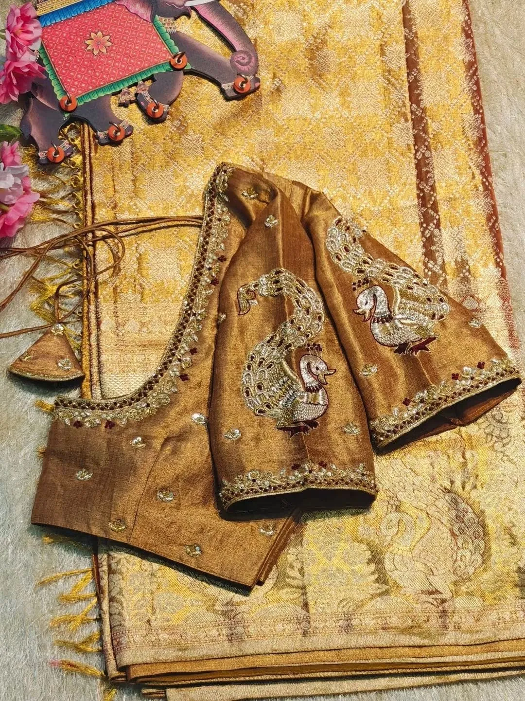 Gold Designer Maggam Work Blouse | Peacock Motif & Hand-Embroidered Saree Blouse