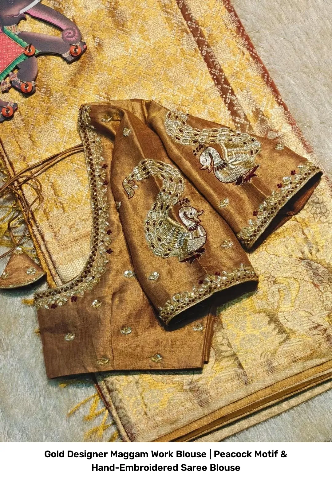 Gold Designer Maggam Work Blouse | Peacock Motif & Hand-Embroidered Saree Blouse 2