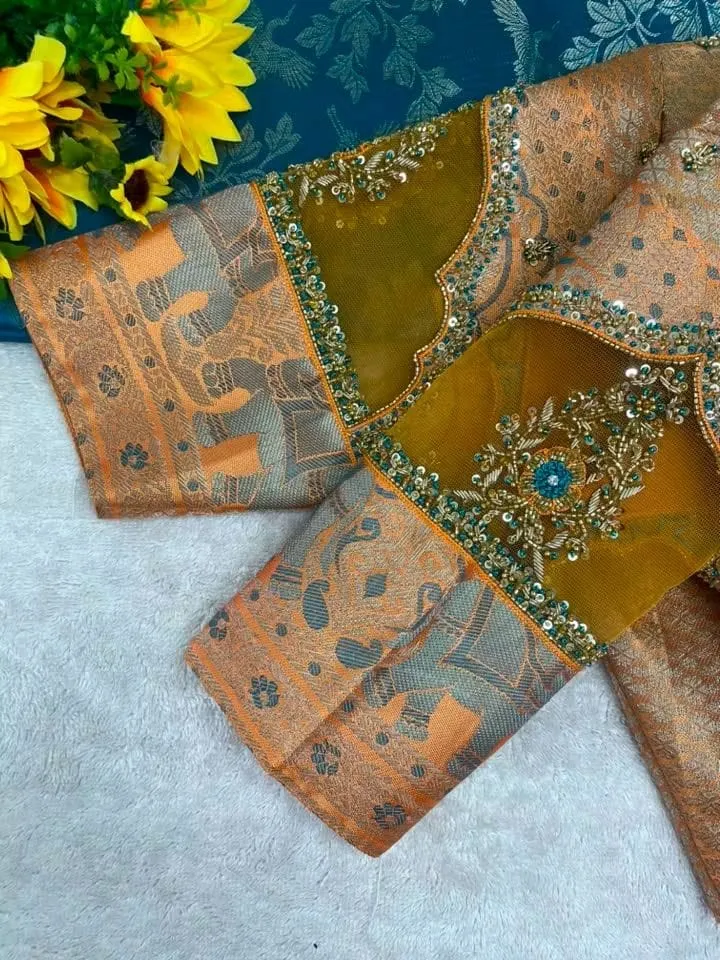Gold & Mustard Brocade Designer Saree Blouse with Cut-Out Back & Hand Embroidery | Readymade Blouses 1