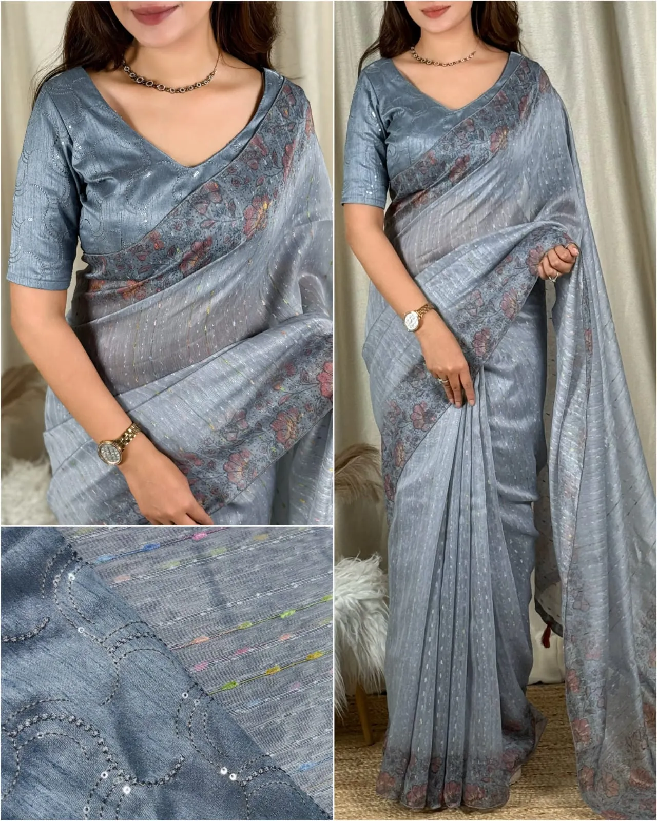 Gracy Digital Printed Modal Cotton Saree – Zari Striped Weaving with Banglori Satin Embroidered Blouse & Pallu Tassels