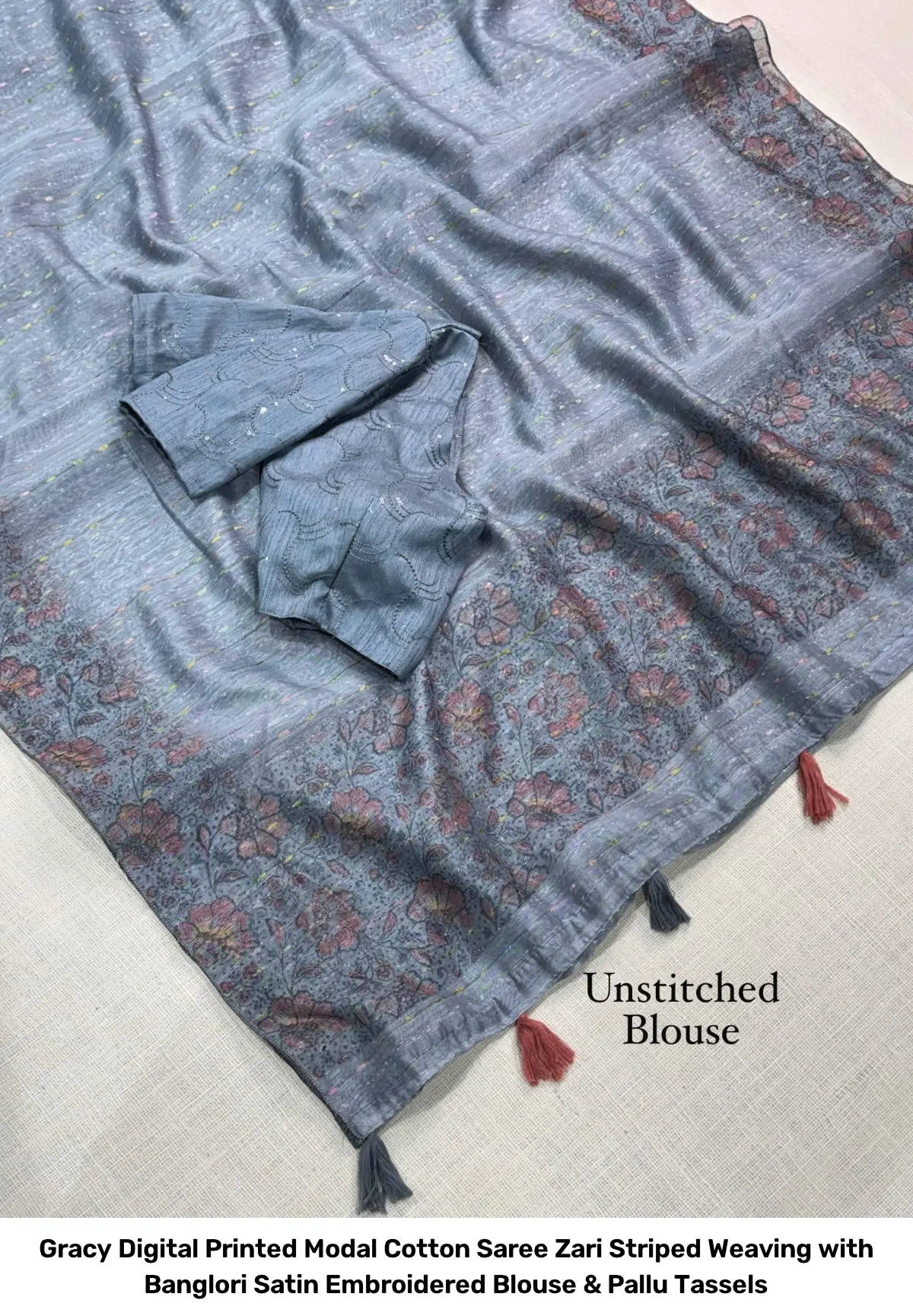 Gracy Digital Printed Modal Cotton Saree – Zari Striped Weaving with Banglori Satin Embroidered Blouse & Pallu Tassels 2