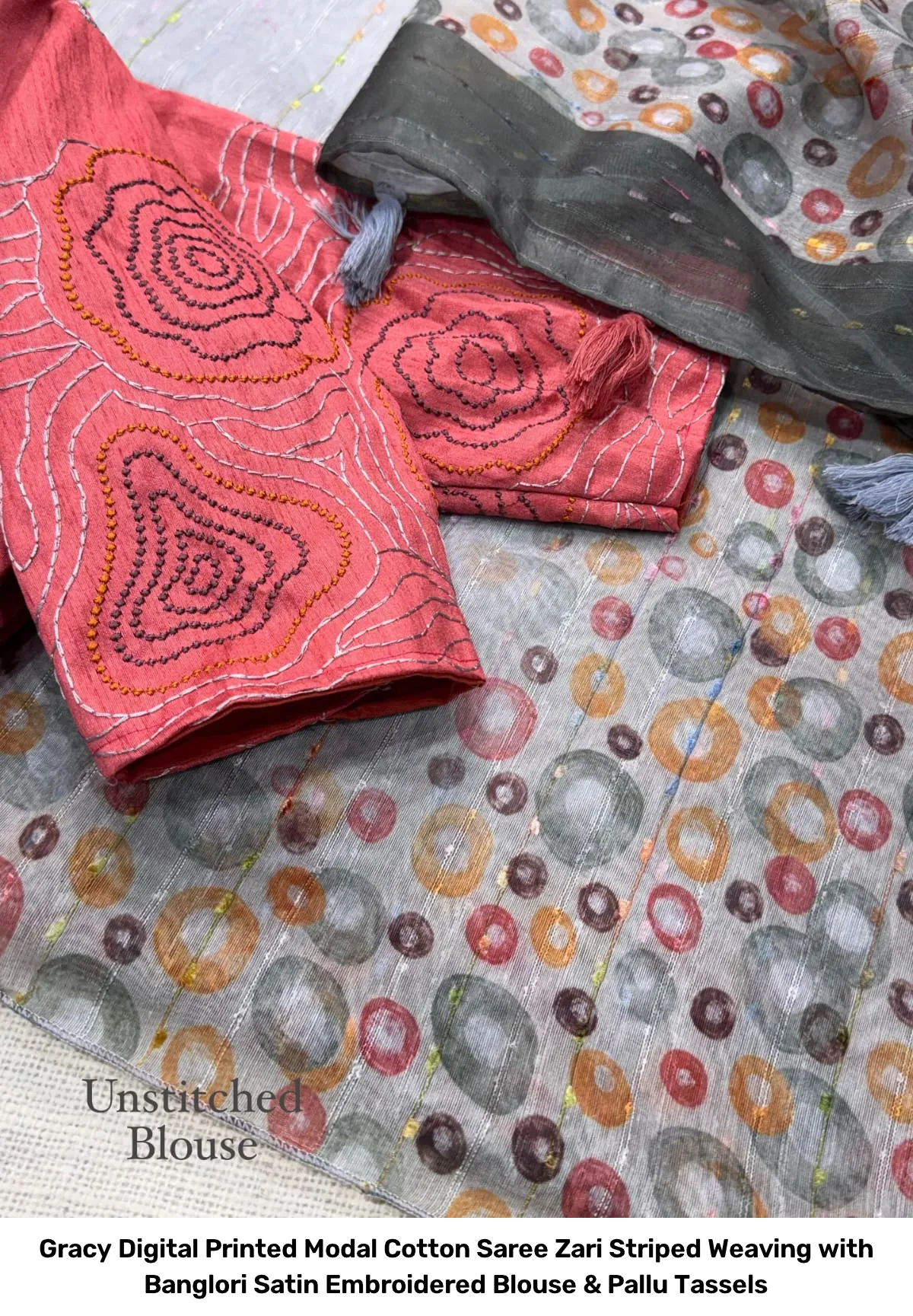 Gracy Digital Printed Modal Cotton Saree – Zari Striped Weaving with Banglori Satin Embroidered Blouse & Pallu Tassels 4