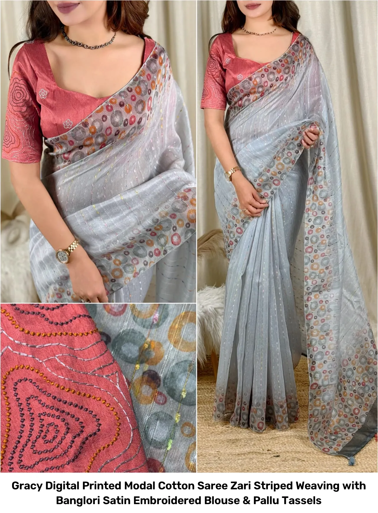 Gracy Digital Printed Modal Cotton Saree – Zari Striped Weaving with Banglori Satin Embroidered Blouse & Pallu Tassels 5
