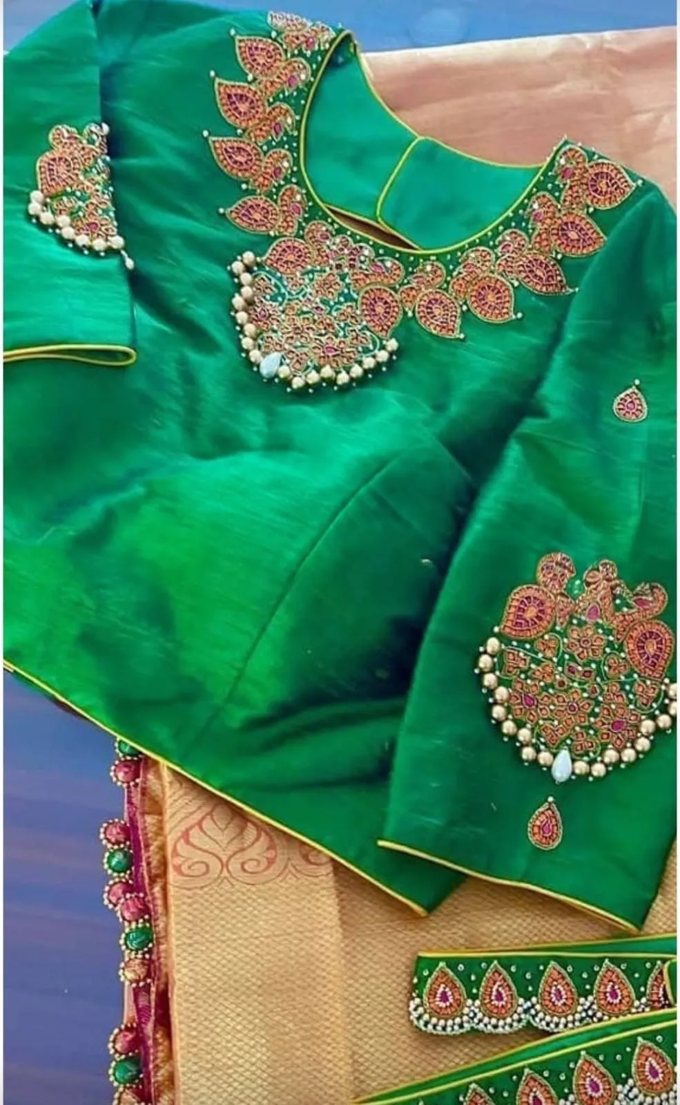 Green Designer Maggam Work Blouse | Heavy Bridal Silk Blouse Online