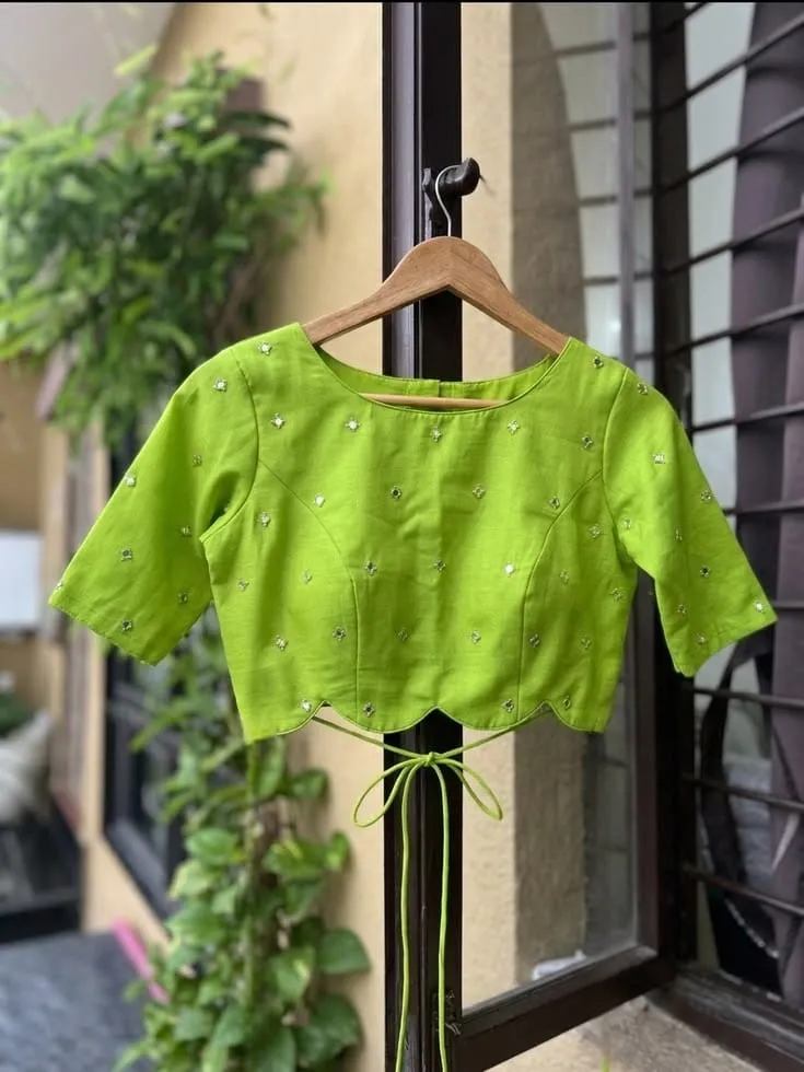 Green Mirror Work Readymade Blouse | Cut Out Back Wholesale Price