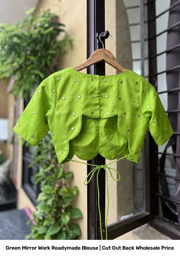 Green Mirror Work Readymade Blouse | Cut Out Back Wholesale Price 2