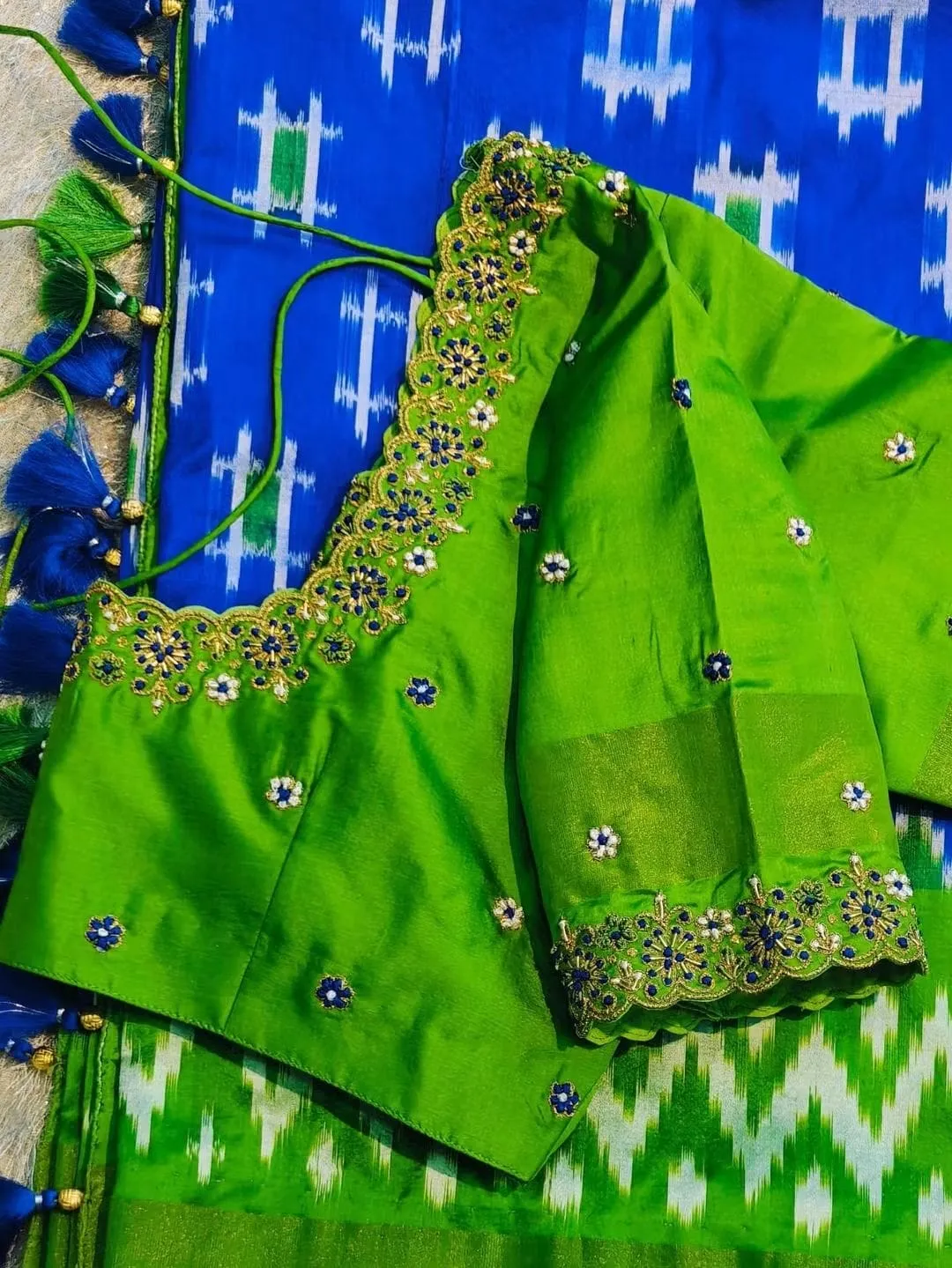 Green & Royal Blue Contrast Designer Maggam Work Blouse | Silk Blouse Online