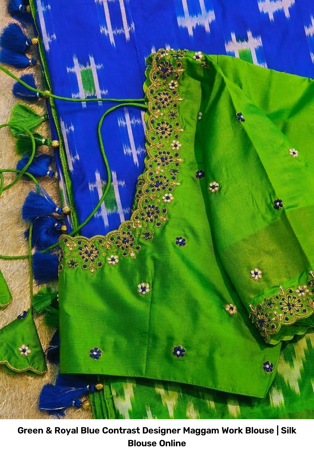 Green & Royal Blue Contrast Designer Maggam Work Blouse | Silk Blouse Online 2