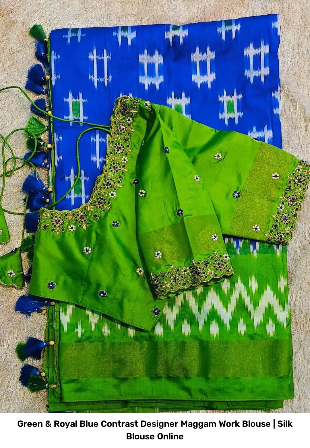 Green & Royal Blue Contrast Designer Maggam Work Blouse | Silk Blouse Online 3