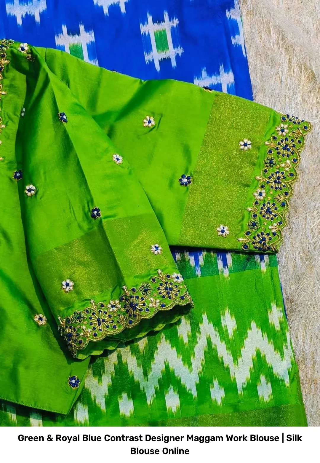 Green & Royal Blue Contrast Designer Maggam Work Blouse | Silk Blouse Online 4