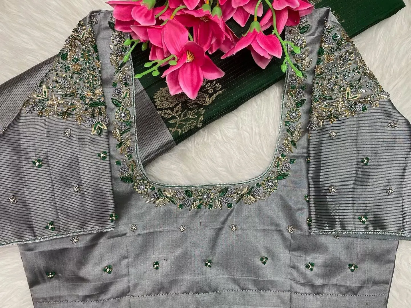 Grey Maggam Work Saree Blouse | Hand Embroidered Zari & Bead Work Raw Silk Blouse for Partywear & Weddings