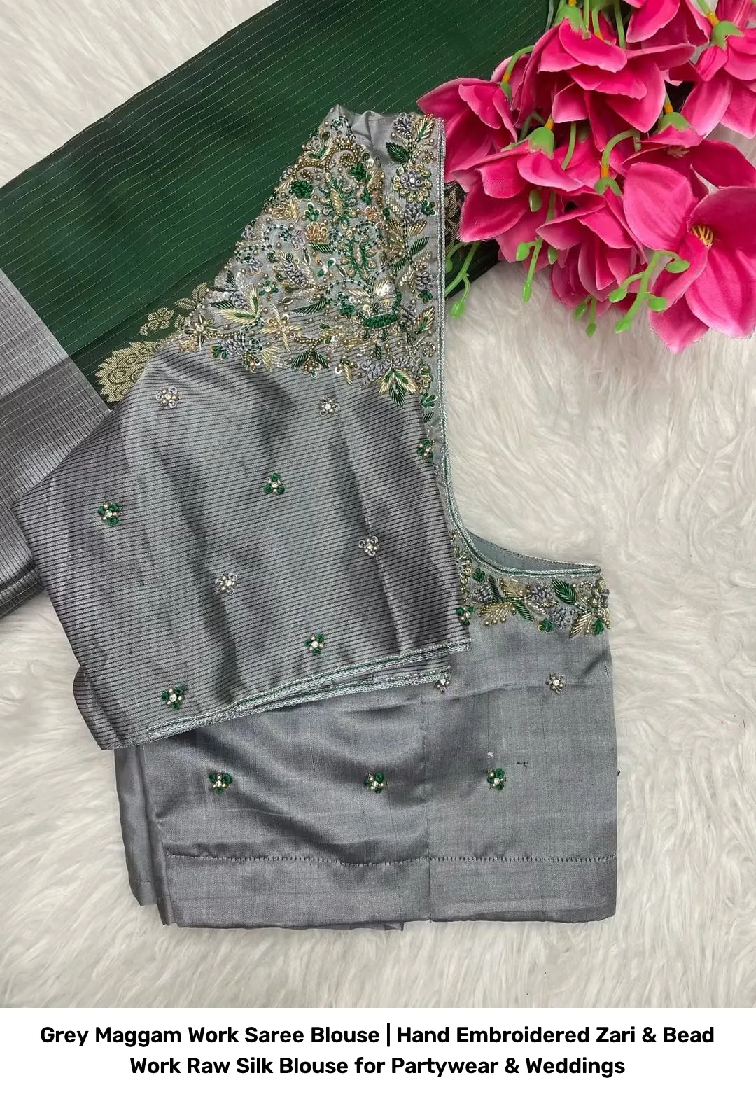 Grey Maggam Work Saree Blouse | Hand Embroidered Zari & Bead Work Raw Silk Blouse for Partywear & Weddings 2