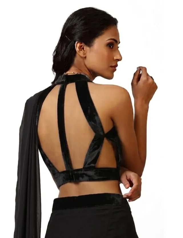 Halter Neck Velvet Blouse Georgette Saree Set – Cut Out Back Cocktail Party Wear Saree