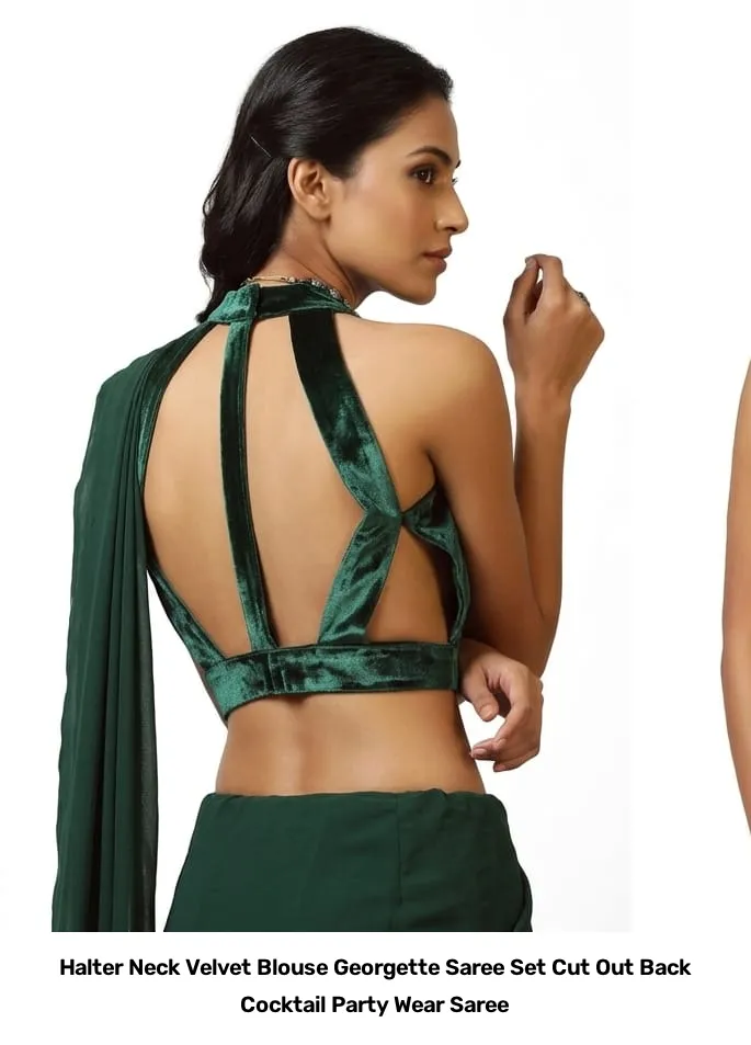 Halter Neck Velvet Blouse Georgette Saree Set – Cut Out Back Cocktail Party Wear Saree 10