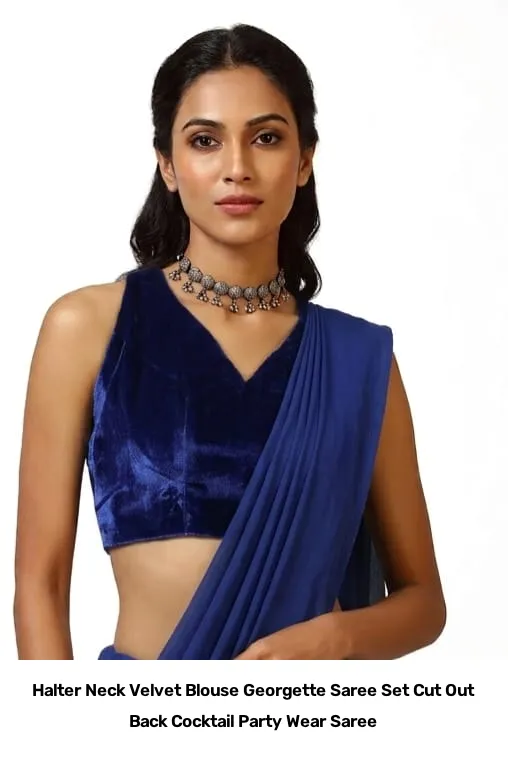 Halter Neck Velvet Blouse Georgette Saree Set – Cut Out Back Cocktail Party Wear Saree 2