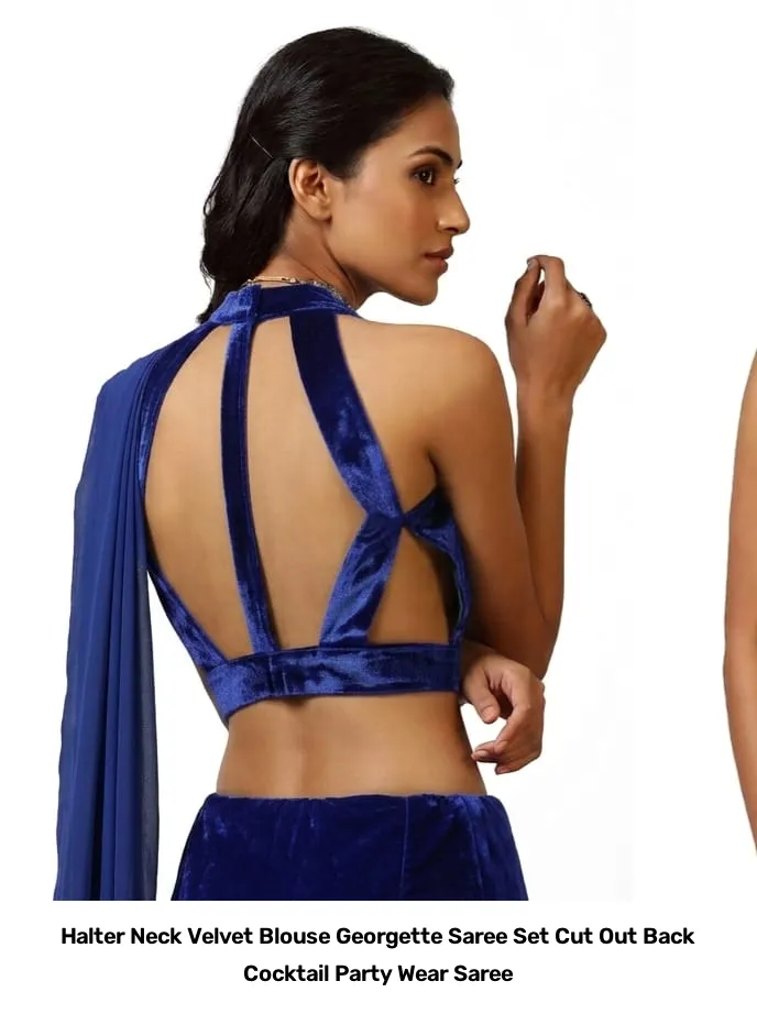 Halter Neck Velvet Blouse Georgette Saree Set – Cut Out Back Cocktail Party Wear Saree 3