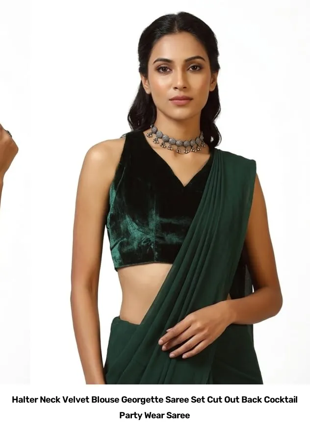 Halter Neck Velvet Blouse Georgette Saree Set – Cut Out Back Cocktail Party Wear Saree 6