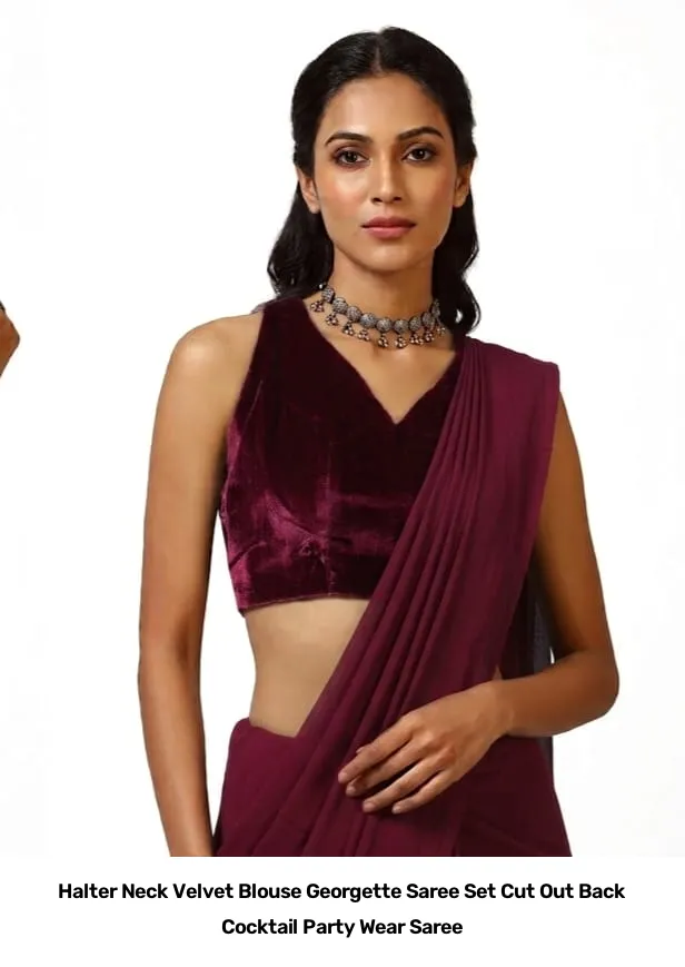 Halter Neck Velvet Blouse Georgette Saree Set – Cut Out Back Cocktail Party Wear Saree 7