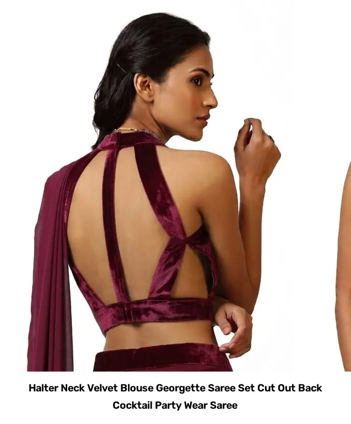 Halter Neck Velvet Blouse Georgette Saree Set – Cut Out Back Cocktail Party Wear Saree 8