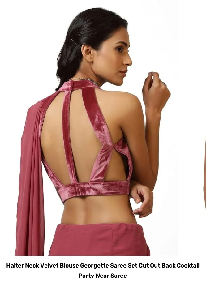 Halter Neck Velvet Blouse Georgette Saree Set – Cut Out Back Cocktail Party Wear Saree 9